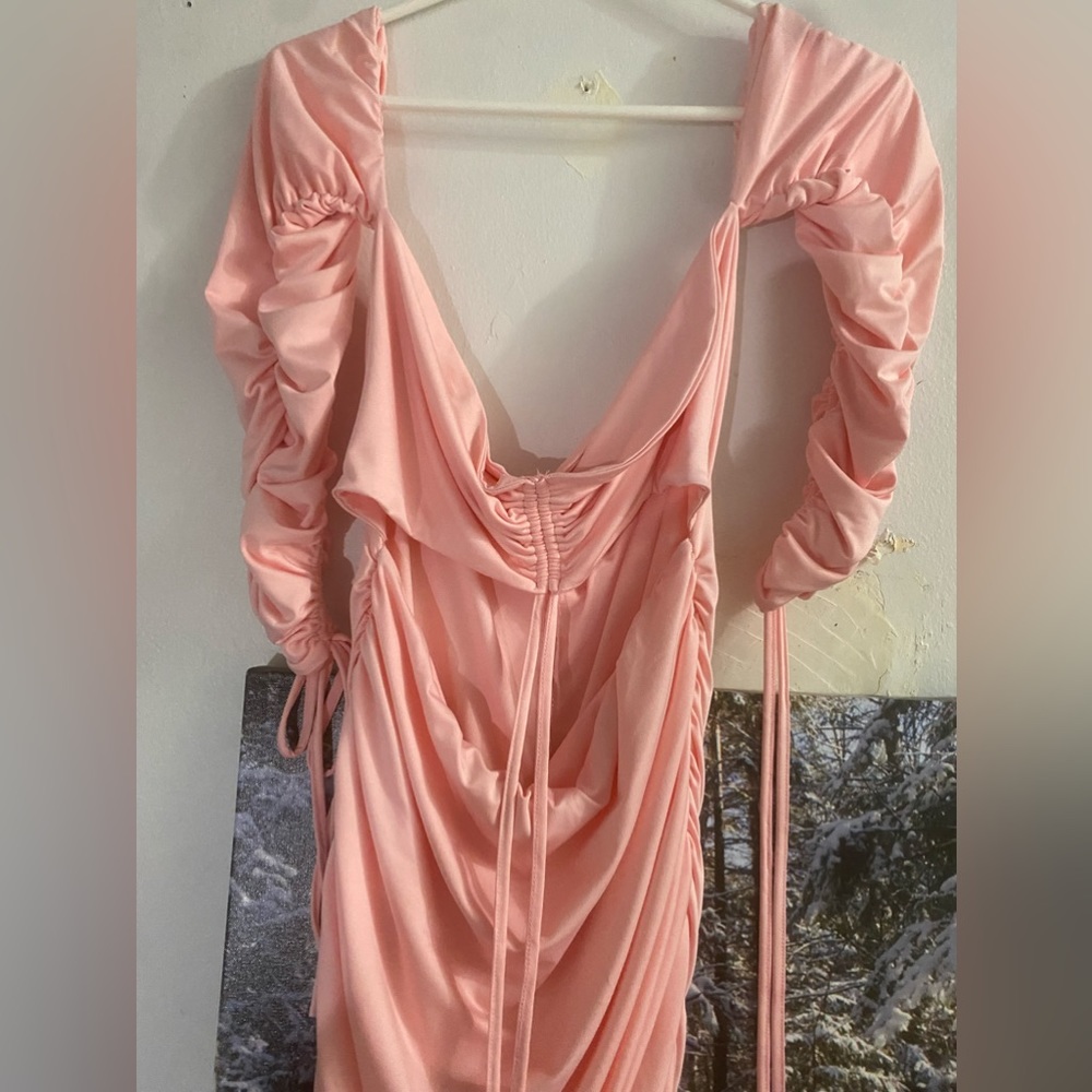 Ruched pink party dress with front cutout. Size L. Good condition- like new